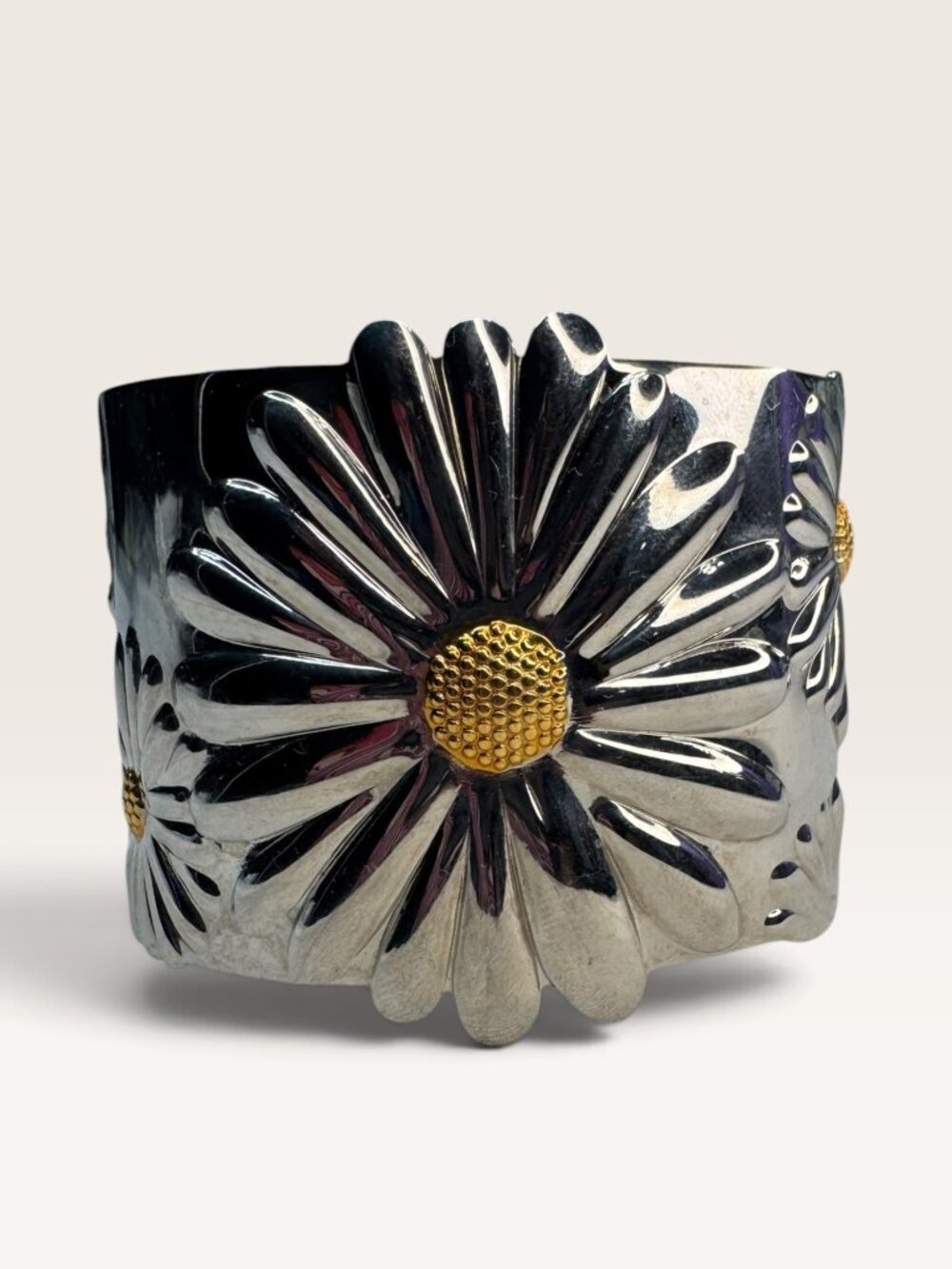 Daisy Flower Embossed Stainless Steel Wide Cuff Bracelet 2.02" Contemporary